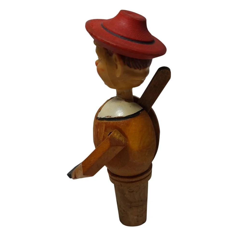 Vintage Wooden Wine Bottle Topper Hand Carved Painted Made In Italy‎ Back Lever